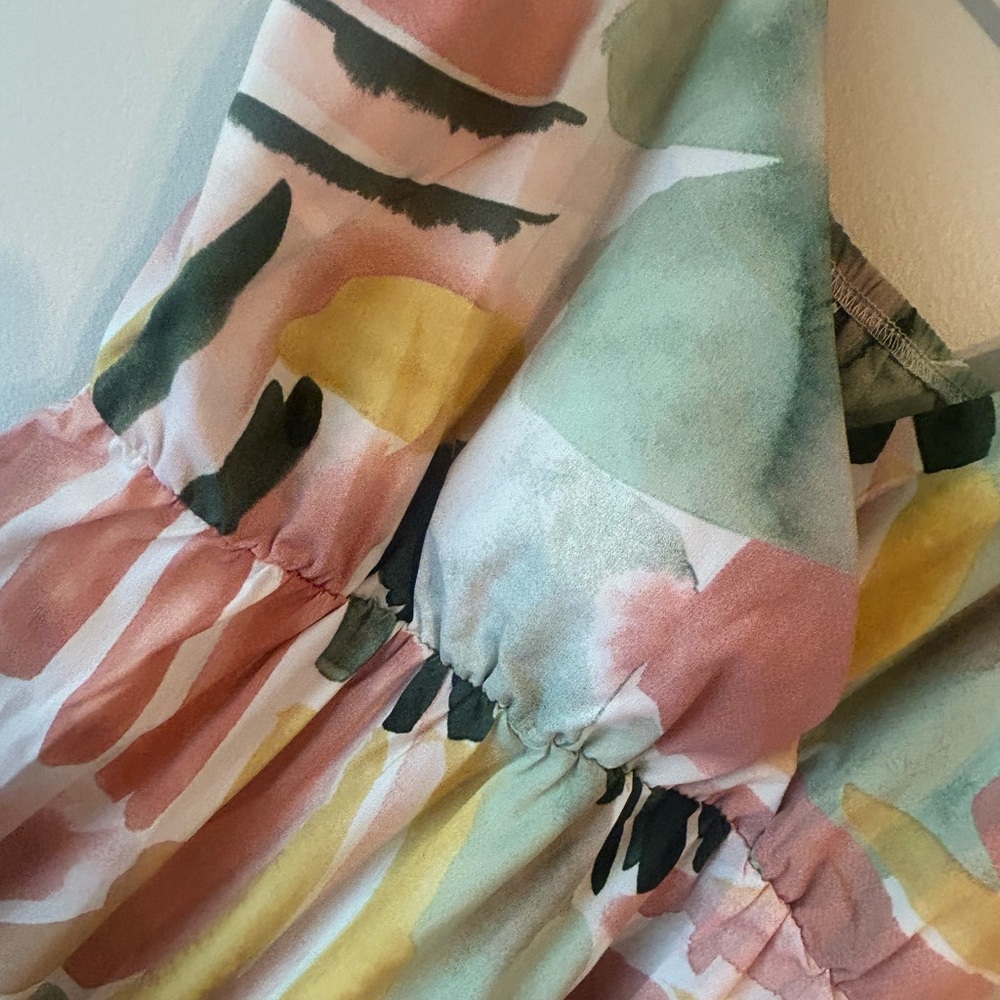 SHEIN Pastel Abstract Ruffle Mini Dress in Pink, Green & Yellow